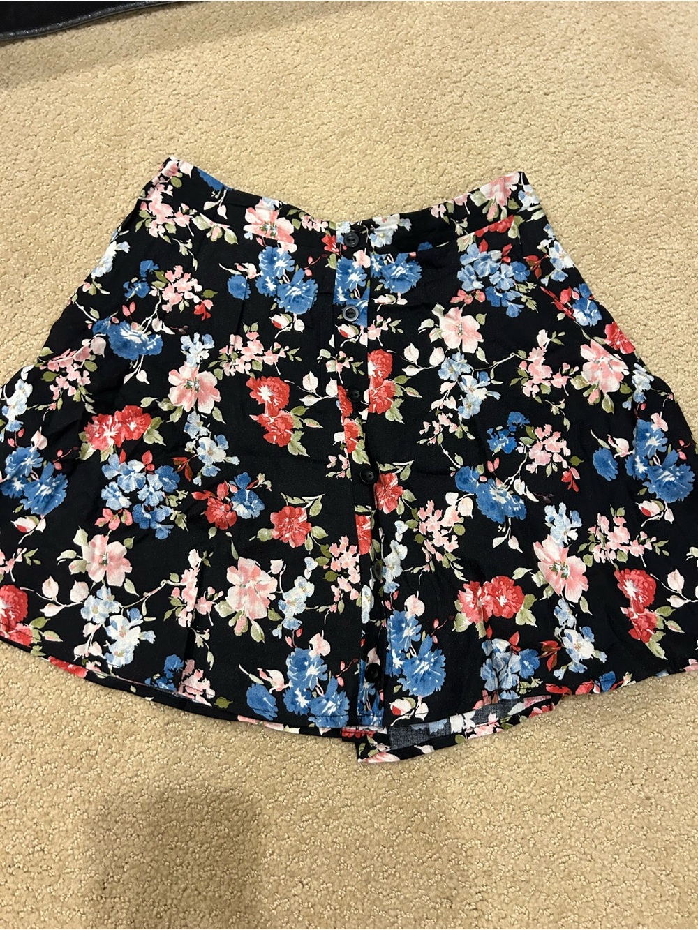 Lush Black Floral Circle Skirt with Blue, Red & Pink Blooms